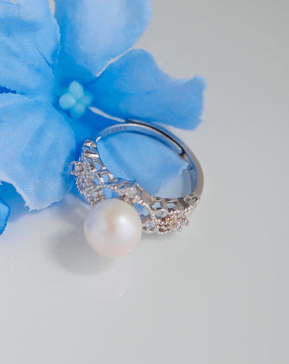 Exquisite S925 Silver Adjustable Ring with 8-12mm White Freshwater Pearl and Crystal Accents