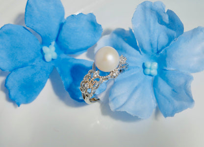 Exquisite S925 Silver Adjustable Ring with 8-12mm White Freshwater Pearl and Crystal Accents