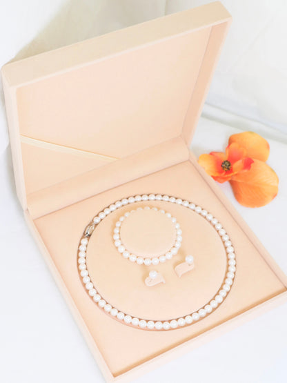 Classic Round Beaded Pearl 7mm Jewelry Set (Necklace, Bracelet, and Earrings)