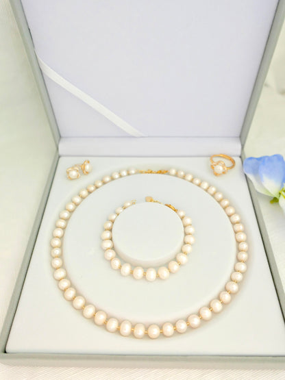 Flower Design Freshwater 6-7mm Pearl Jewelry Set (Bracelet, Necklace, Earrings and Ring)