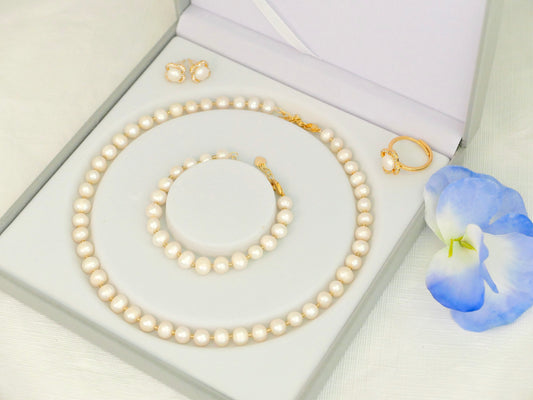 Flower Design Freshwater 6-7mm Pearl Jewelry Set (Bracelet, Necklace, Earrings and Ring)