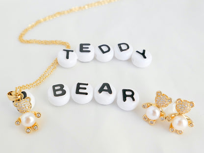 Teddy Bear Design Freshwater 5mm Pearl Jewelry Set (Necklace and Earrings)