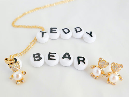 Teddy Bear Design Freshwater 5mm Pearl Jewelry Set (Necklace and Earrings)