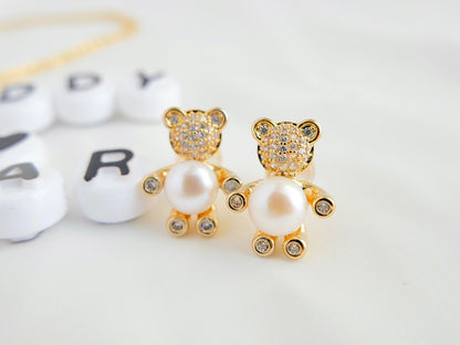 Teddy Bear Design Freshwater 5mm Pearl Jewelry Set (Necklace and Earrings)