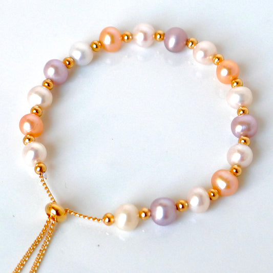 Multicolor Freshwater Pearl (5.5-6mm Pearls) Bracelet with Adjustable Pull Chain