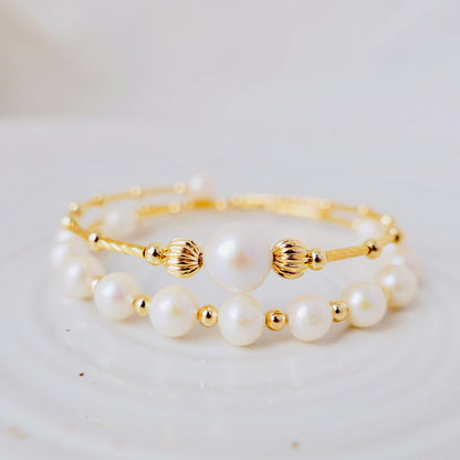 Luxury Double-Layer 6/8mm White Freshwater Pearl Bracelet with Gold-Plated Copper Design