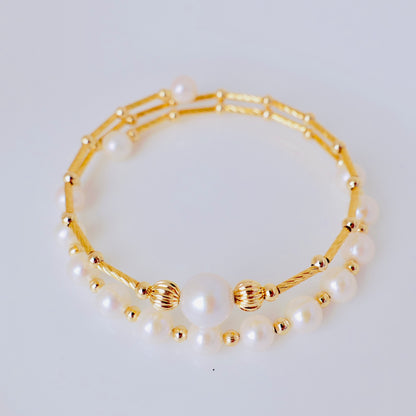 Luxury Double-Layer 6/8mm White Freshwater Pearl Bracelet with Gold-Plated Copper Design