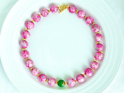 Elegant Handcrafted Pink and Green Mosaic Glass Bead Jewelry Set – Necklace, Bracelet, and Earrings