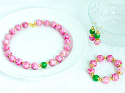 Elegant Handcrafted Pink and Green Mosaic Glass Bead Jewelry Set – Necklace, Bracelet, and Earrings