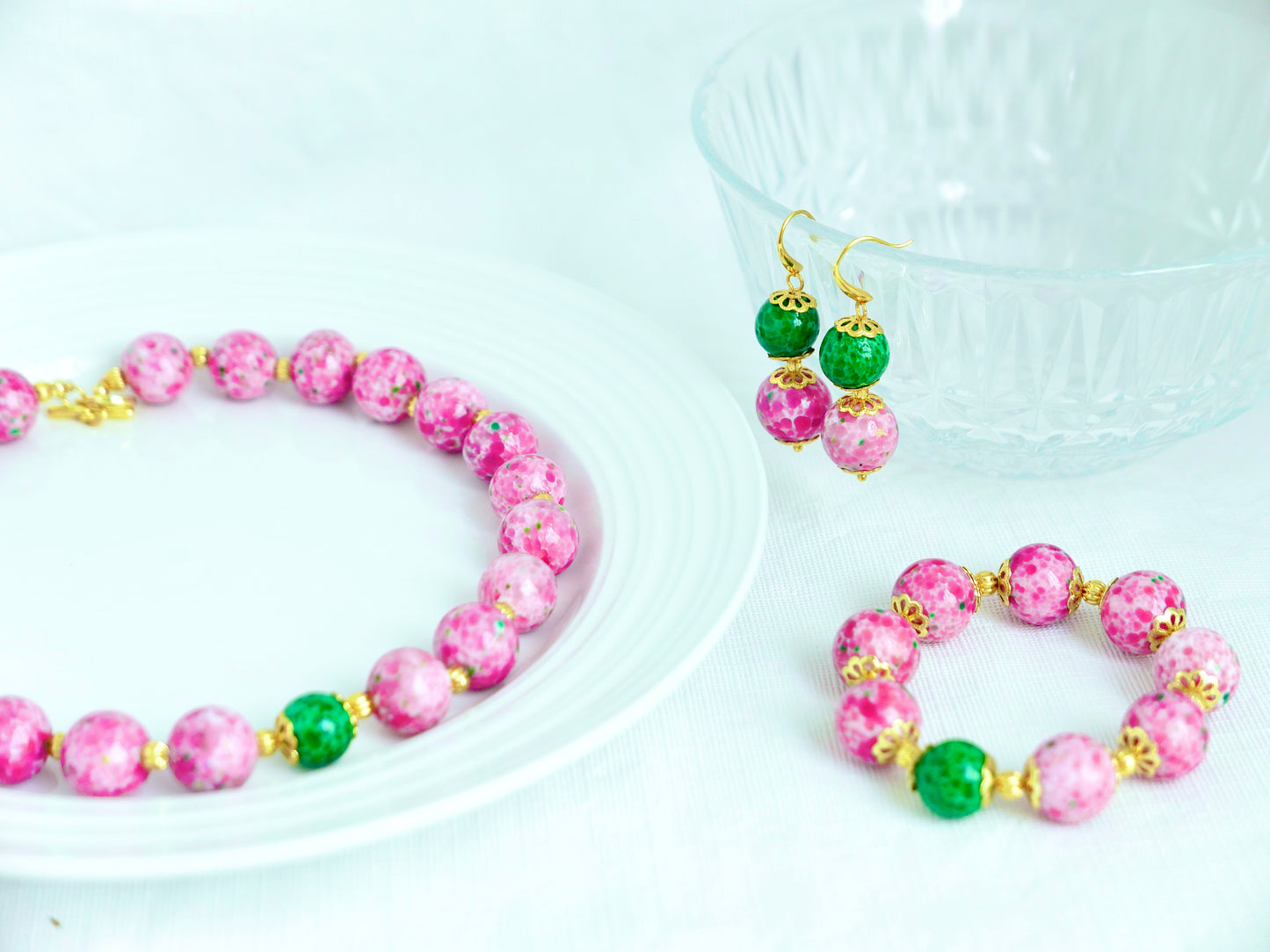 Elegant Handcrafted Pink and Green Mosaic Glass Bead Jewelry Set – Necklace, Bracelet, and Earrings