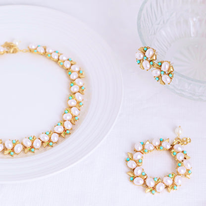 Luxury Vintage Pearl and Turquoise Jewelry Set – Necklace, Bracelet, and Earrings