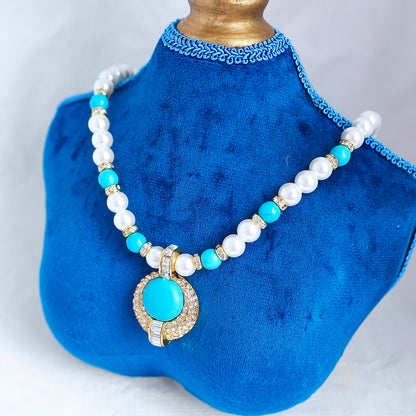 Fashion Classic Versatile Round Turquoise Pearl and Rhinestone Inlaid Necklace and Earring Set