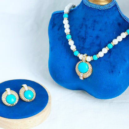 Fashion Classic Versatile Round Turquoise Pearl and Rhinestone Inlaid Necklace and Earring Set