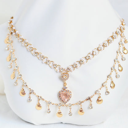 Luxury Double-Layer Heart Pendant Necklace with Shell and Rhinestone Accents