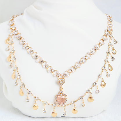 Luxury Double-Layer Heart Pendant Necklace with Shell and Rhinestone Accents