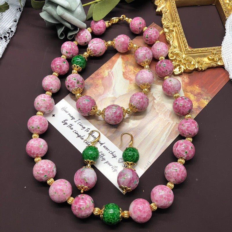 Elegant Handcrafted Pink and Green Mosaic Glass Bead Jewelry Set – Necklace, Bracelet, and Earrings