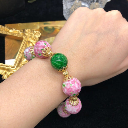 Elegant Handcrafted Pink and Green Mosaic Glass Bead Jewelry Set – Necklace, Bracelet, and Earrings