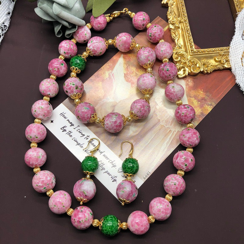 Elegant Handcrafted Pink and Green Mosaic Glass Bead Jewelry Set – Necklace, Bracelet, and Earrings