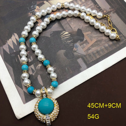 Fashion Classic Versatile Round Turquoise Pearl and Rhinestone Inlaid Necklace and Earring Set