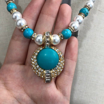 Fashion Classic Versatile Round Turquoise Pearl and Rhinestone Inlaid Necklace and Earring Set