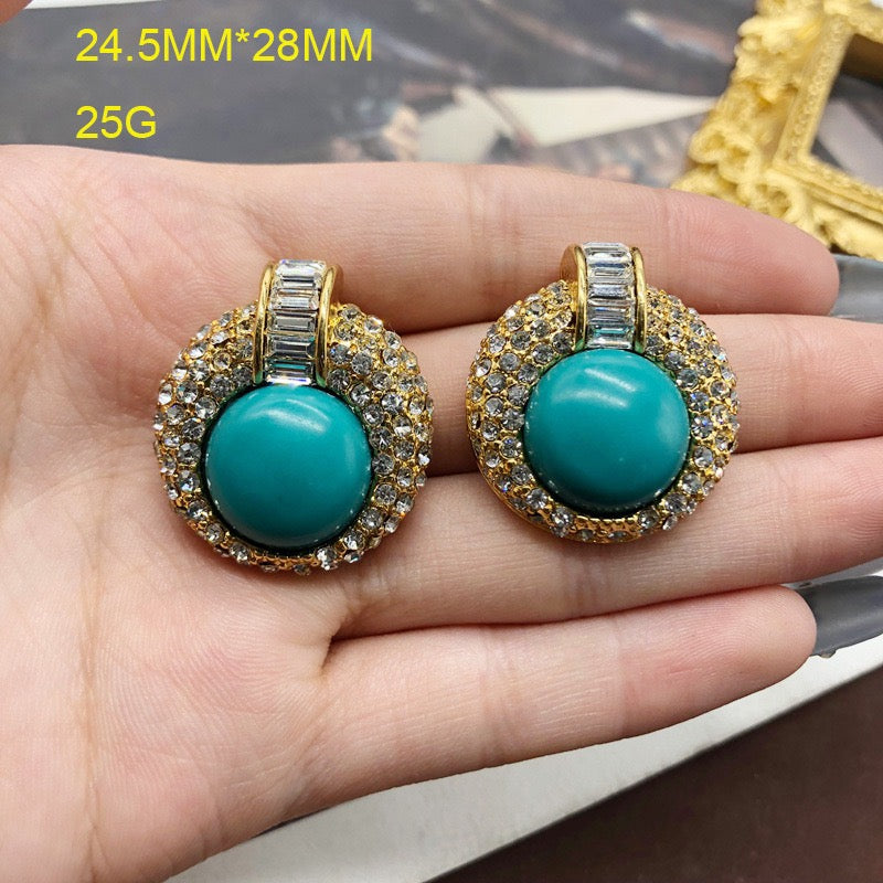 Fashion Classic Versatile Round Turquoise Pearl and Rhinestone Inlaid Necklace and Earring Set