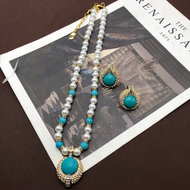 Fashion Classic Versatile Round Turquoise Pearl and Rhinestone Inlaid Necklace and Earring Set