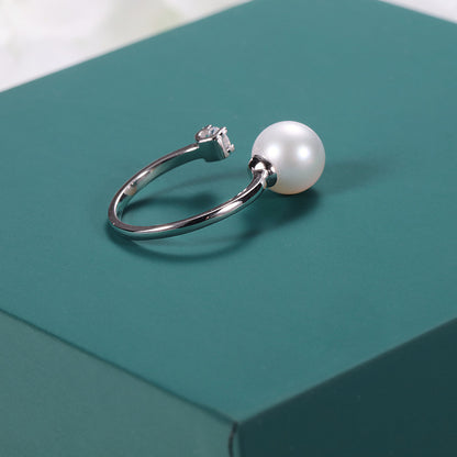 Fashionable S925 Silver 8mm White Freshwater Pearl Open Ring