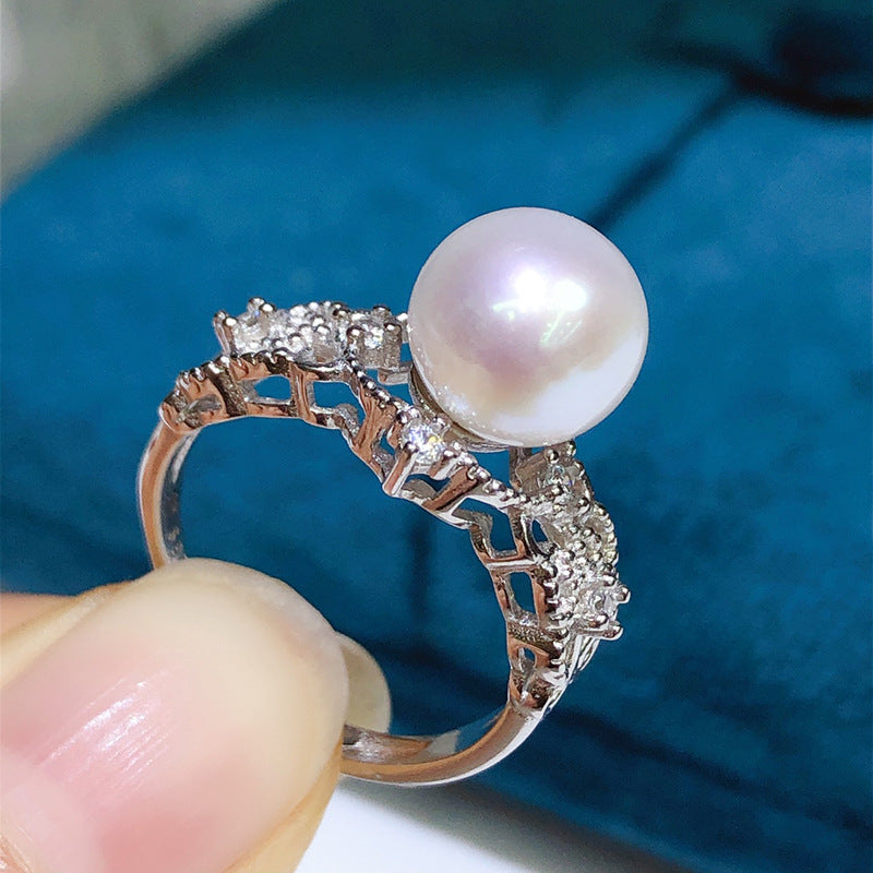 Exquisite S925 Silver Adjustable Ring with 8-12mm White Freshwater Pearl and Crystal Accents