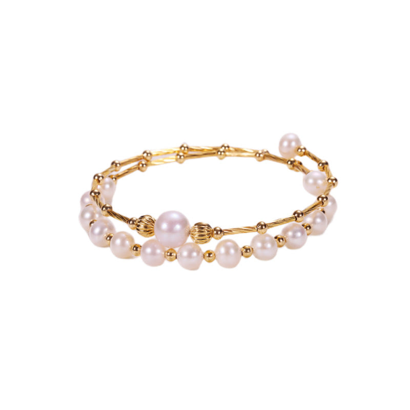 Luxury Double-Layer 6/8mm White Freshwater Pearl Bracelet with Gold-Plated Copper Design