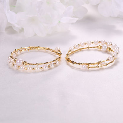 Luxury Double-Layer 6/8mm White Freshwater Pearl Bracelet with Gold-Plated Copper Design