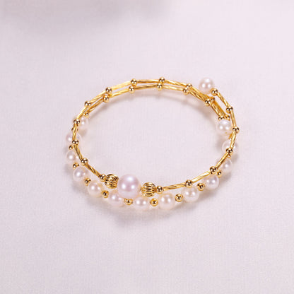 Luxury Double-Layer 6/8mm White Freshwater Pearl Bracelet with Gold-Plated Copper Design