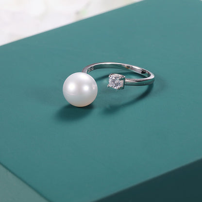 Fashionable S925 Silver 8mm White Freshwater Pearl Open Ring