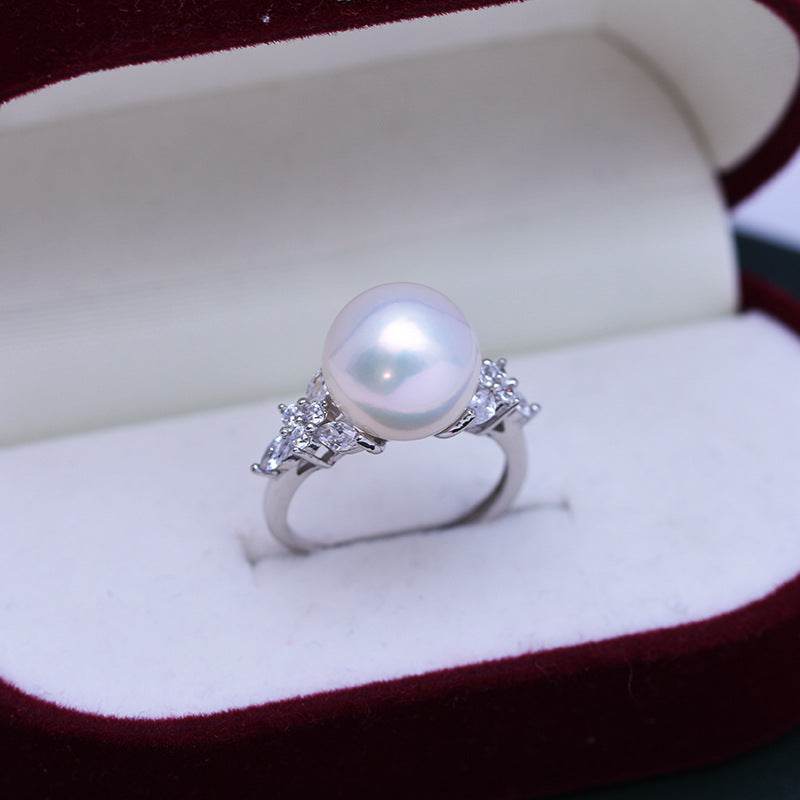 High-Luster S925 Silver 11-12mm White Round Edison Freshwater Pearl Fashion Ring