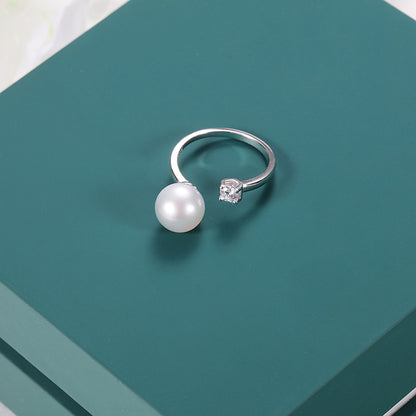 Fashionable S925 Silver 8mm White Freshwater Pearl Open Ring