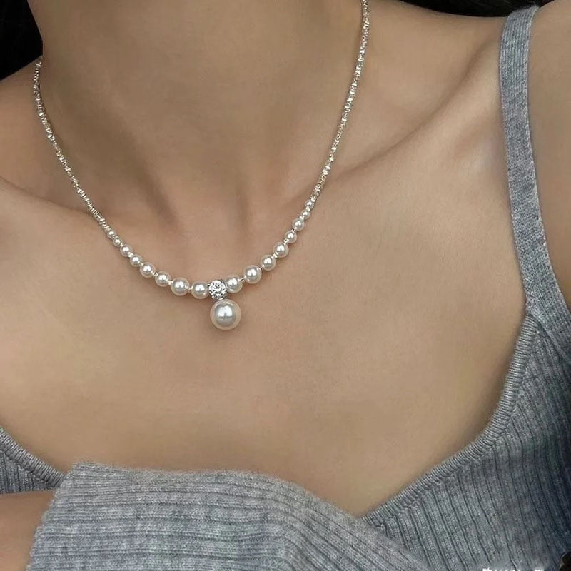 Luxury French-Style S925 Silver 3-10mm Pearl Zircon Necklace