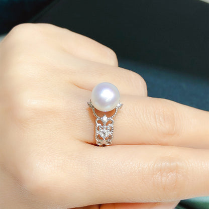 Exquisite S925 Silver Adjustable Ring with 8-12mm White Freshwater Pearl and Crystal Accents