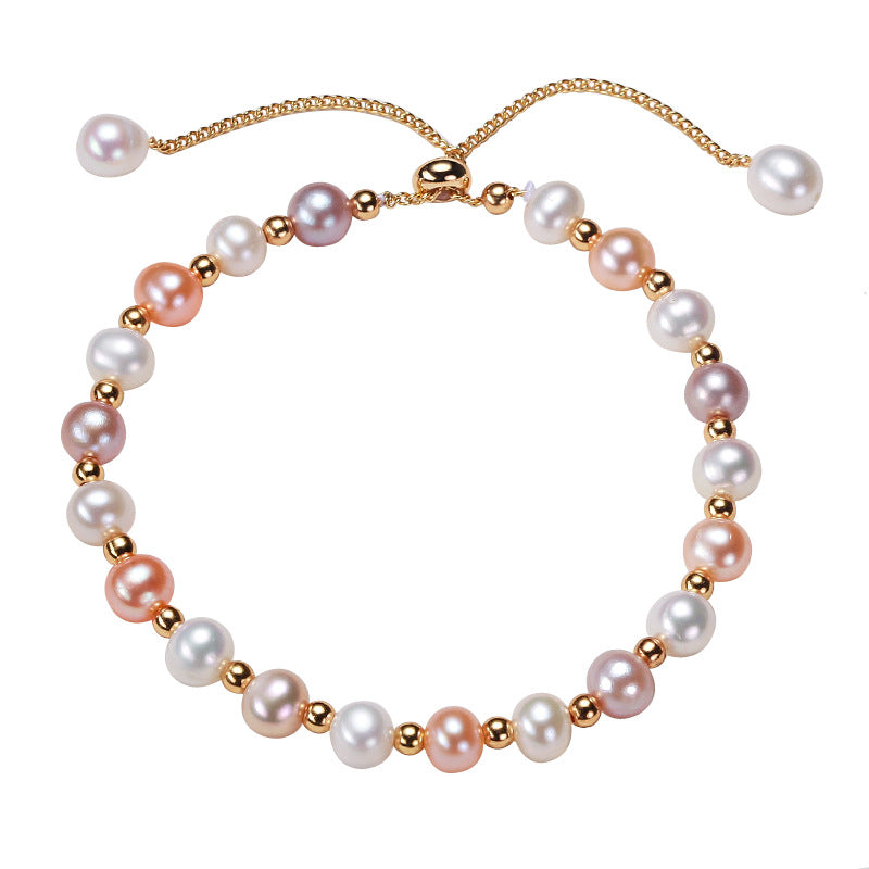 Multicolor Freshwater Pearl (5.5-6mm Pearls) Bracelet with Adjustable Pull Chain