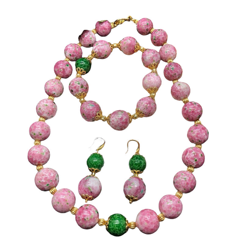 Elegant Handcrafted Pink and Green Mosaic Glass Bead Jewelry Set – Necklace, Bracelet, and Earrings