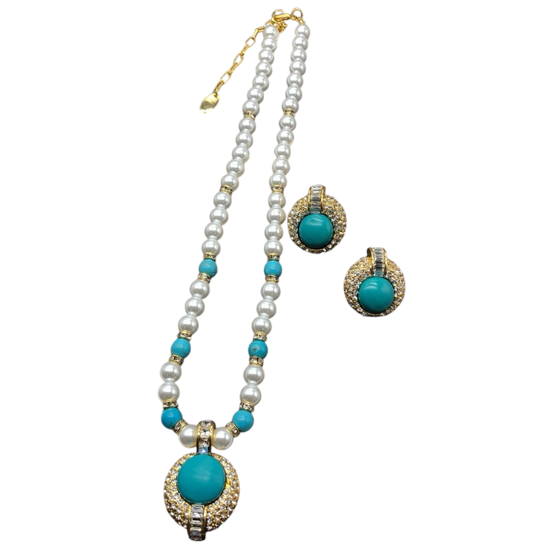 Fashion Classic Versatile Round Turquoise Pearl and Rhinestone Inlaid Necklace and Earring Set